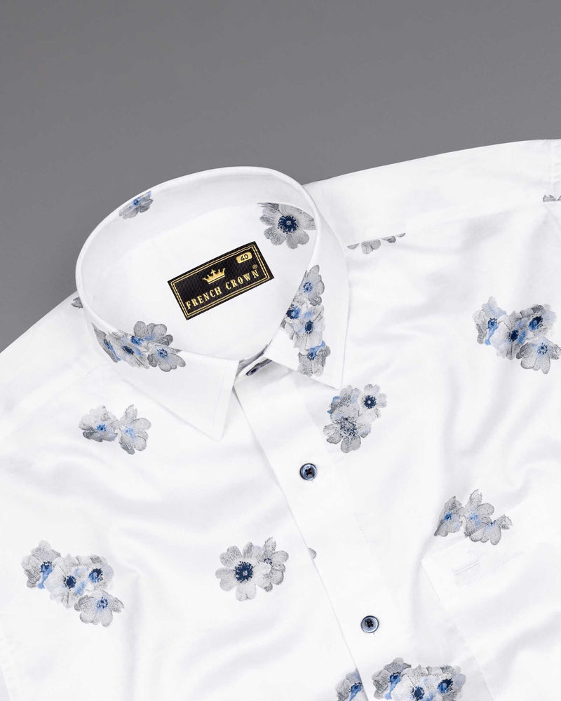 Bright White Floral Printed Super Soft Premium Cotton Shirt