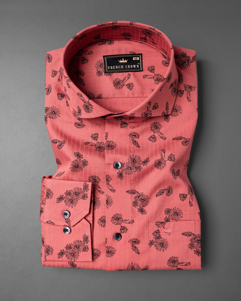 Dark Terra Cotta Floral Printed Dobby Textured Premium Giza Cotton Shirt