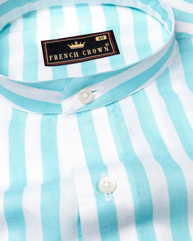 Aqua Blue and White Striped Tencel Shirt