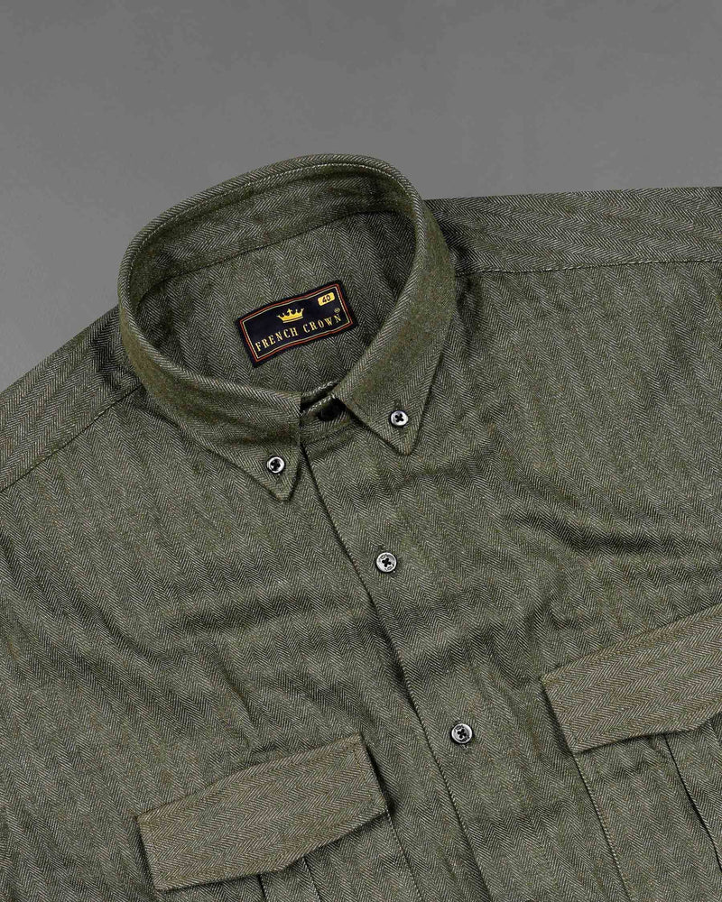 Finch Green Heavyweight Herringbone Striped Premium Cotton Over Shirt