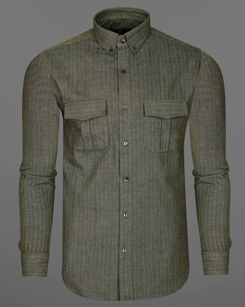 Finch Green Heavyweight Herringbone Striped Premium Cotton Over Shirt