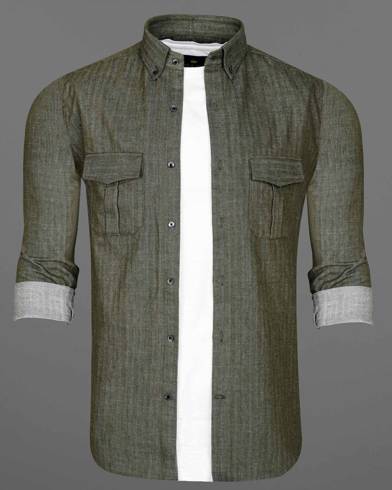 Finch Green Heavyweight Herringbone Striped Premium Cotton Over Shirt