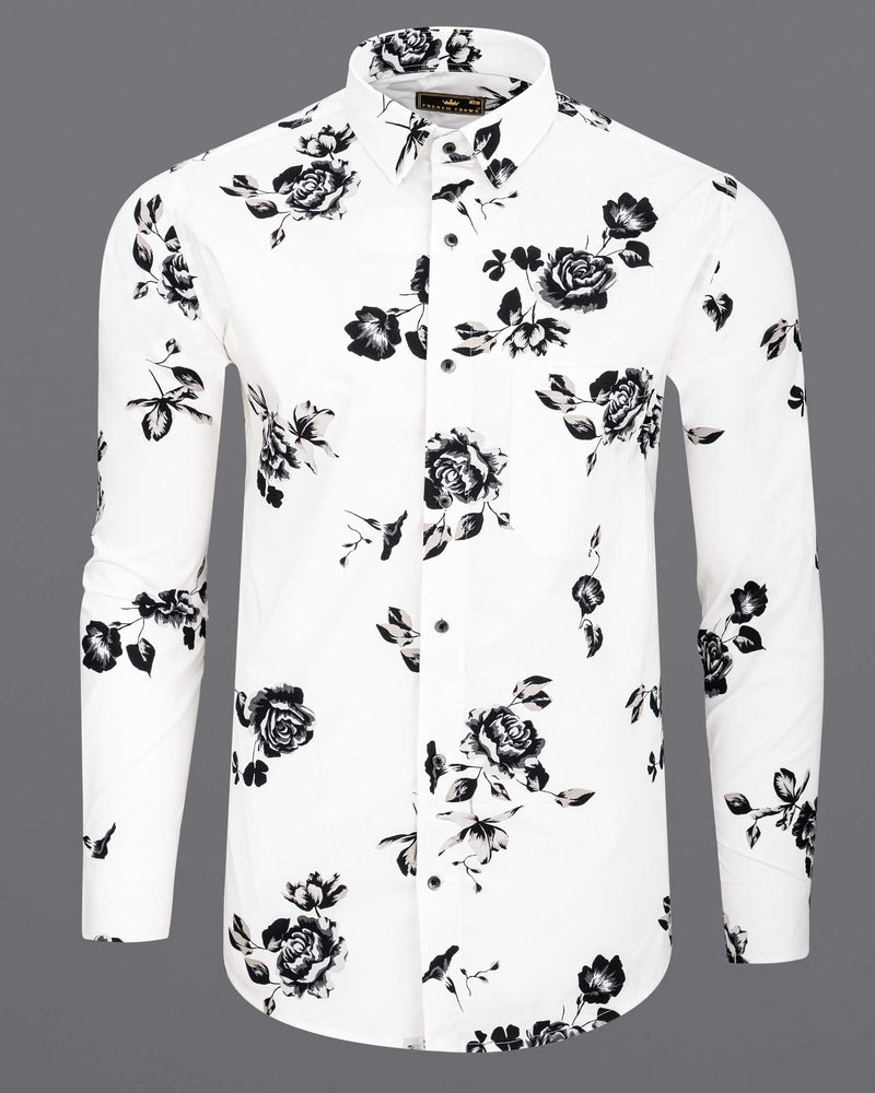 Bright White Floral Printed Twill Textured Premium Cotton Shirt