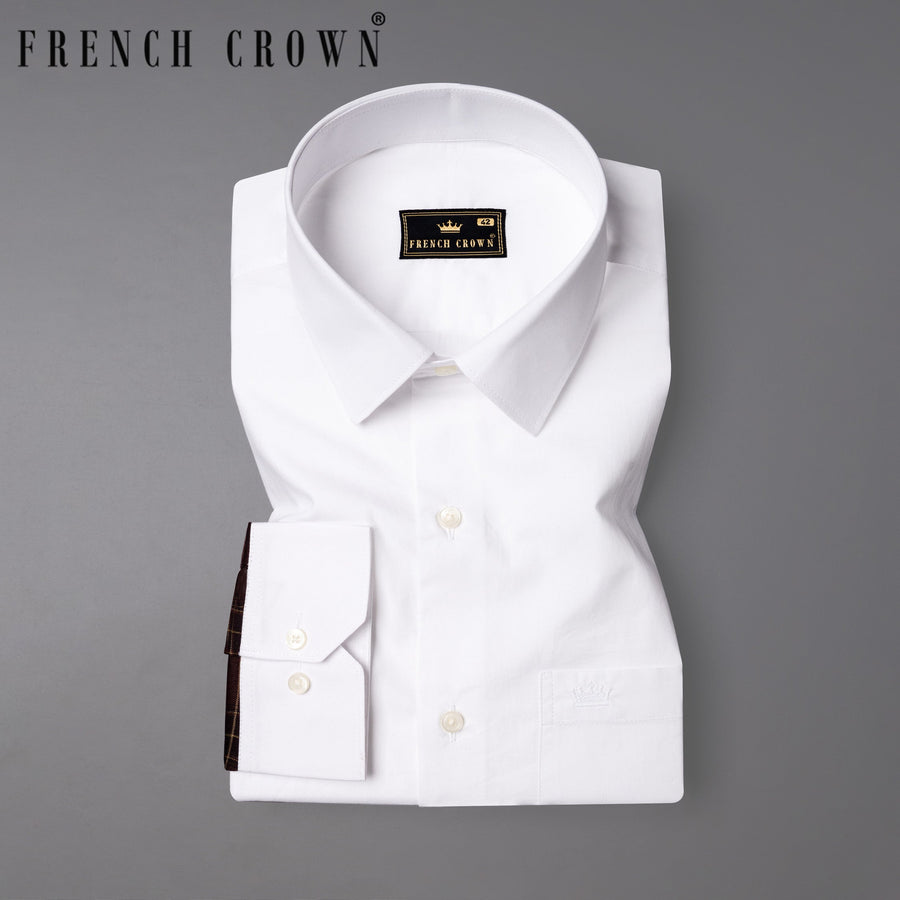 Bright White with Brown Plaid Sleeves Premium Cotton Shirt