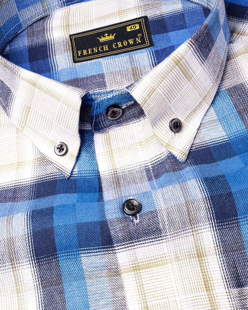 Mariner Blue and Pavlova Beige Twill Plaid Textured Premium Cotton Shirt