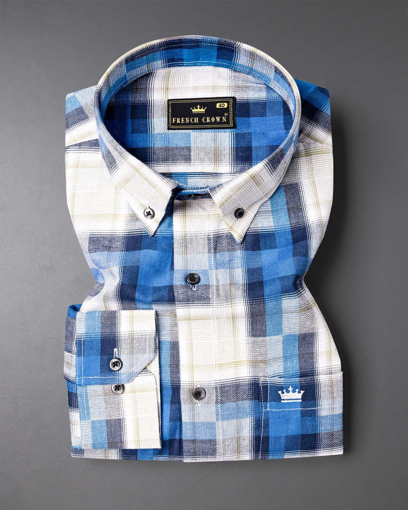 Mariner Blue and Pavlova Beige Twill Plaid Textured Premium Cotton Shirt