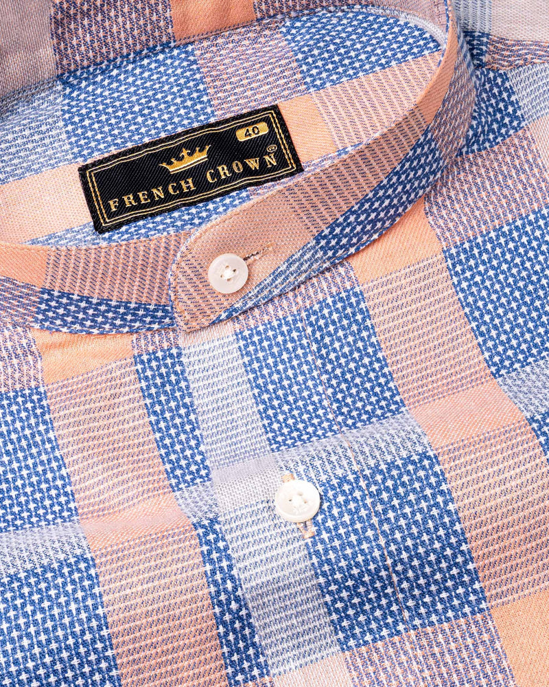 Apricot Peach and Chambray Blue Checkered Dobby Textured Premium Cotton Shirt