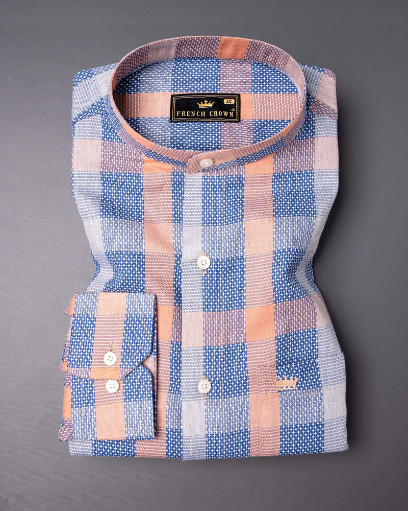 Apricot Peach and Chambray Blue Checkered Dobby Textured Premium Cotton Shirt