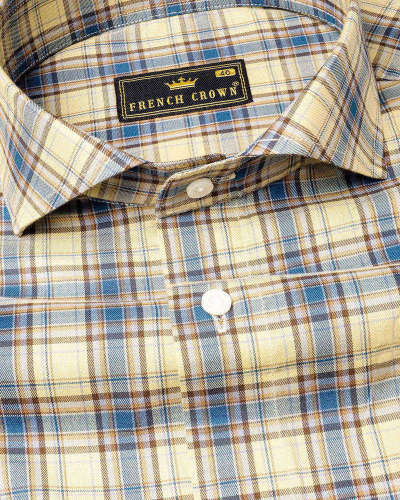 Double Pearl Beige and Astral Blue Plaid Twill Textured Premium Cotton Shirt