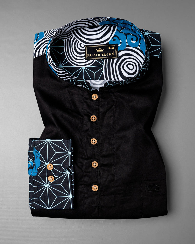 Jade Black with Galactic Printed sleeves and Collar Premium Cotton Kurta Shirt