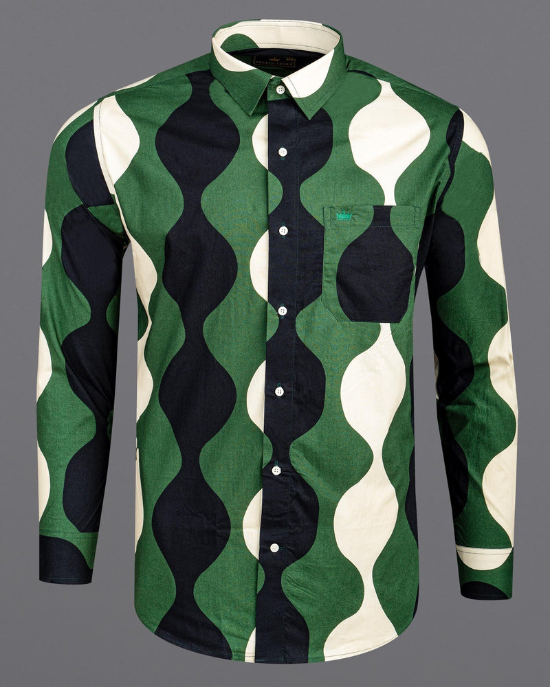 Killarney Green and Black Waves Print Premium Cotton Shirt