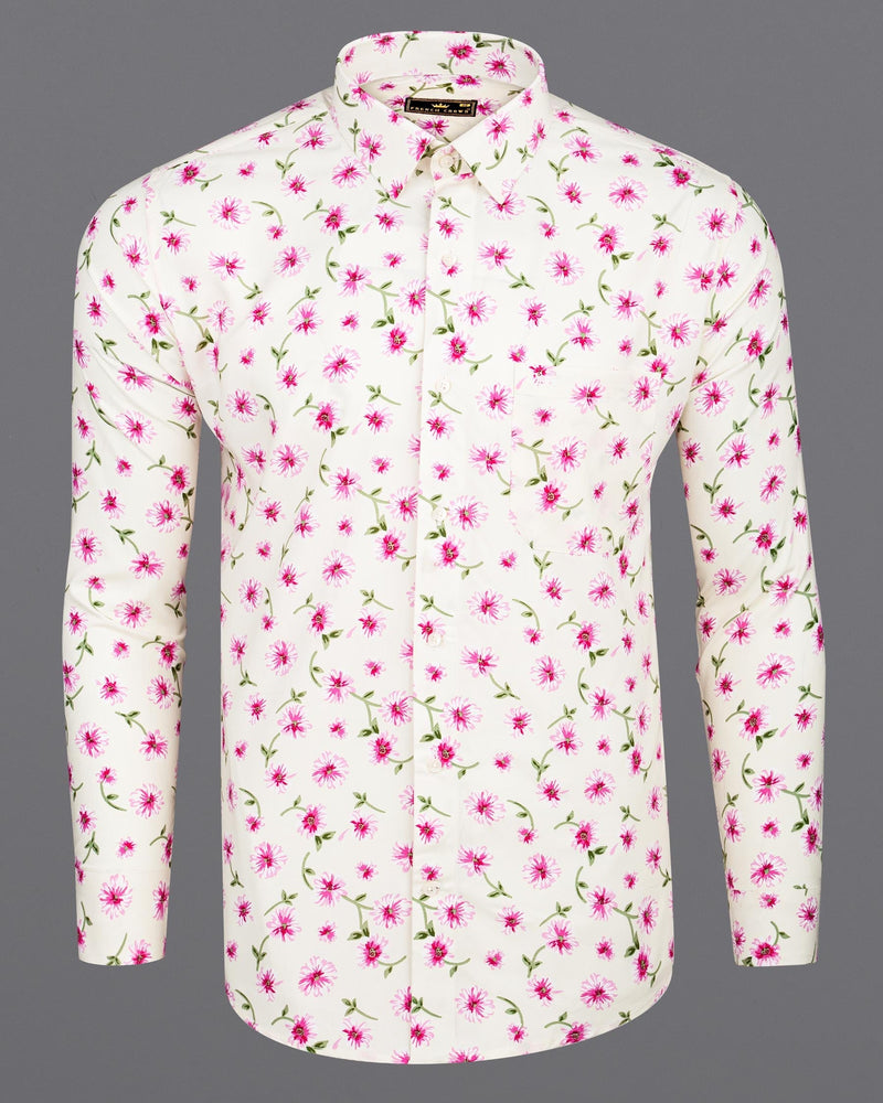 Pearl Bush and Avocado Green Floral Printed Premium Cotton Shirt