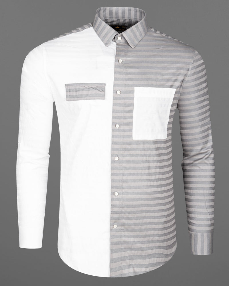 Half White and Half Grey Striped Twill Premium Cotton Designer Shirt