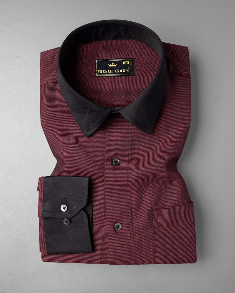 Wine Red With Black Collar and Cuffs Twill Premium Cotton Shirt