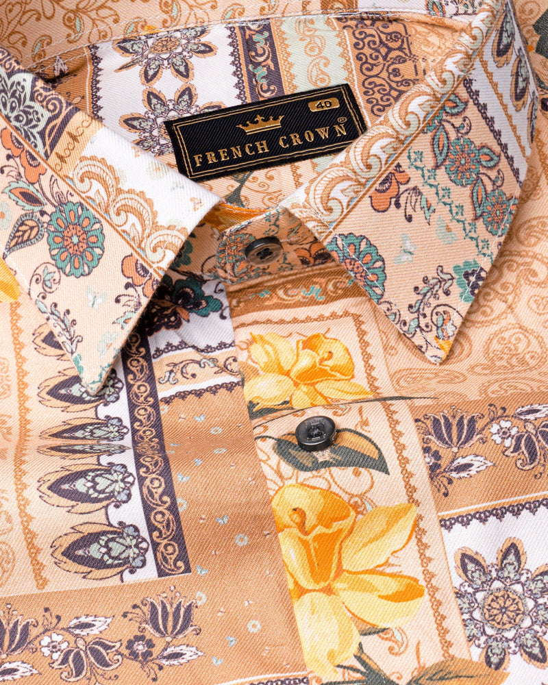 Tan Sandstone Multicolour Unique Floral Printed Twill Textured Premium Cotton Shirt