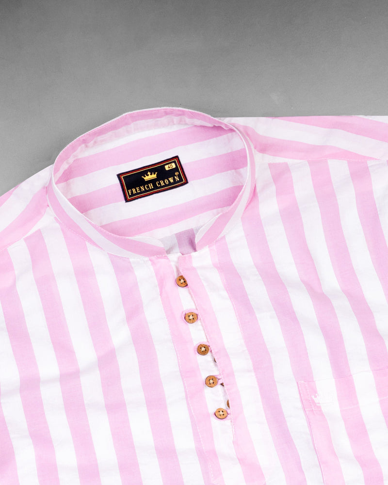 Bright White and Cherub Pink Striped Premium Cotton Kurta Shirt