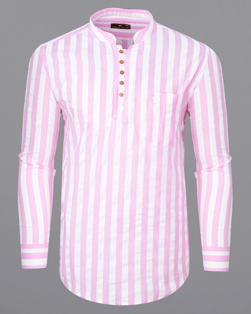 Bright White and Cherub Pink Striped Premium Cotton Kurta Shirt