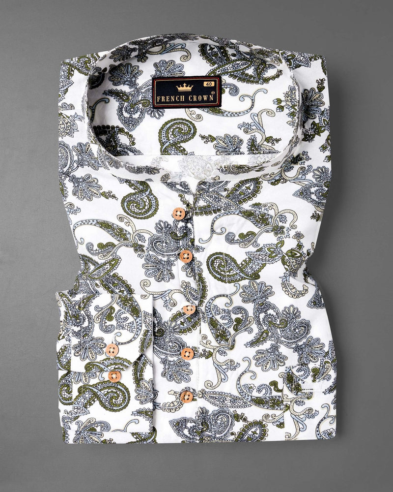 White Lilac and Rifle Green Paisley Printed Tencel Kurta Shirt