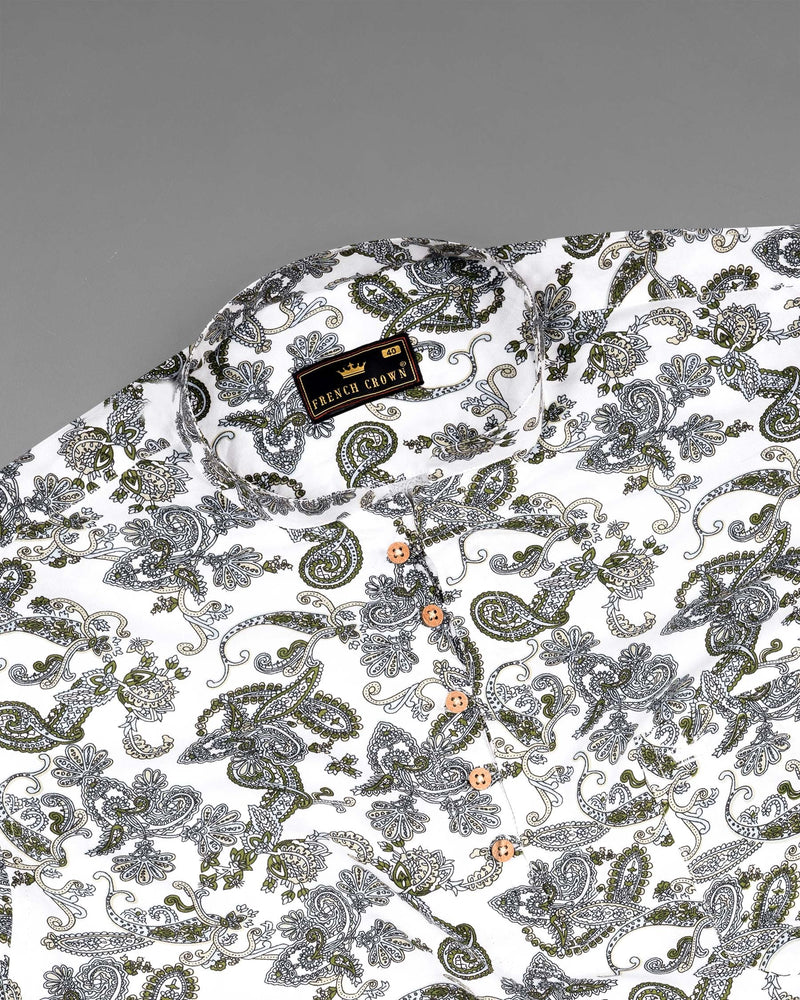 White Lilac and Rifle Green Paisley Printed Tencel Kurta Shirt