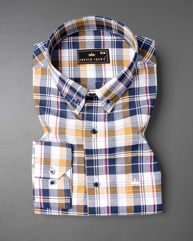 Metallic Blue and Desert Sand Brown Plaid Dobby Textured Premium Giza Cotton Shirt