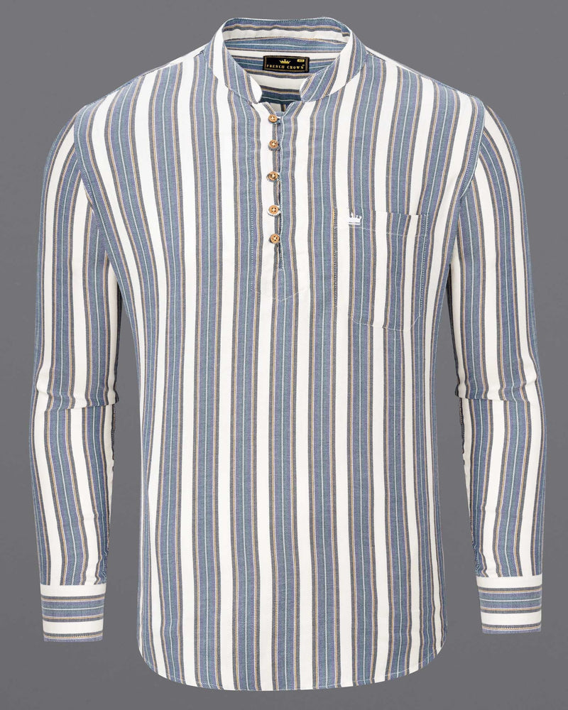 Soapstone White and denim blue Striped Twill Premium Cotton Kurta Shirt