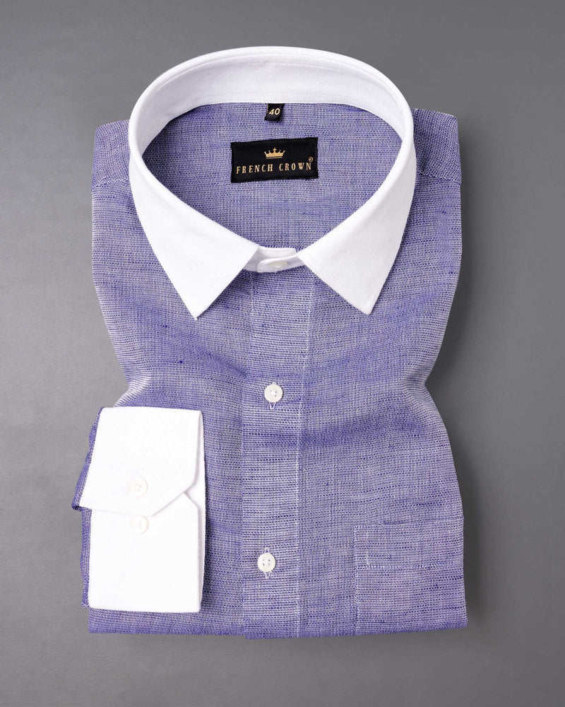 Deluge Blue with White Collar Luxurious Linen Shirt