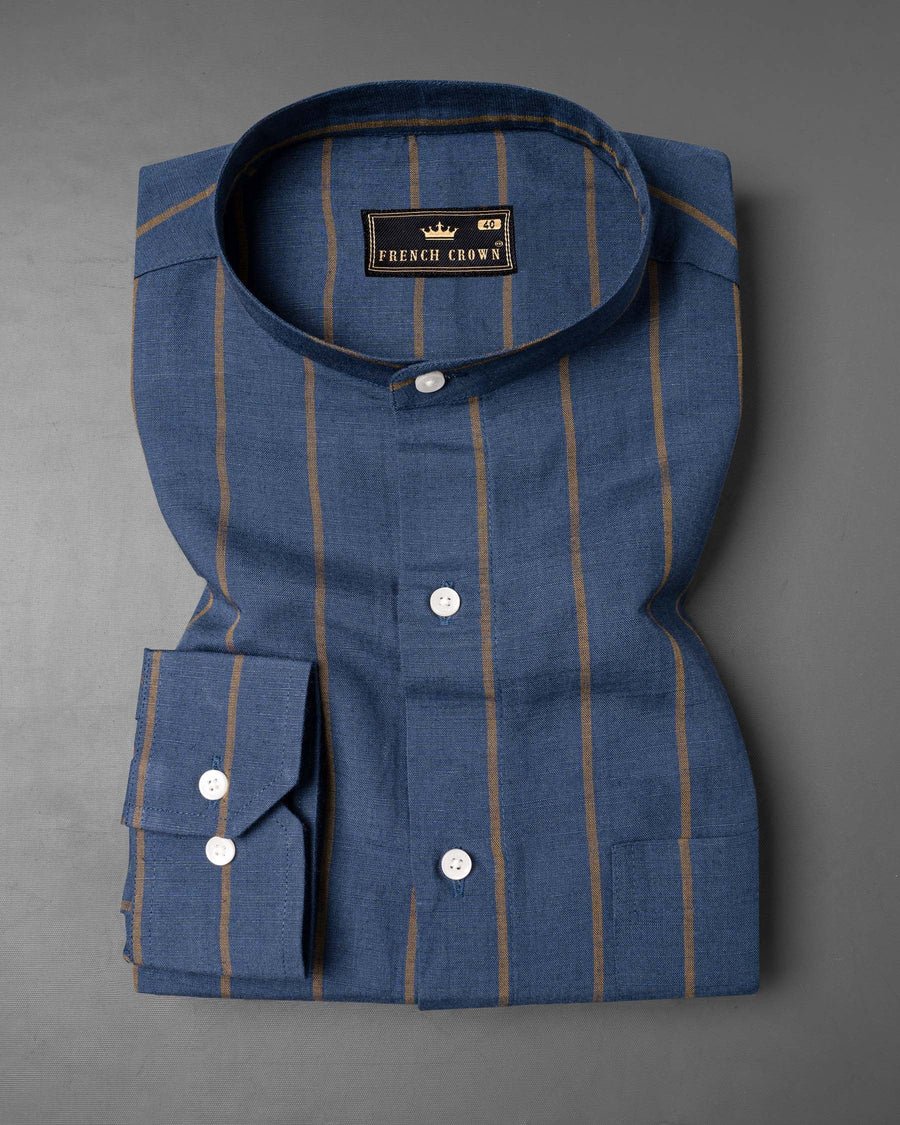 Zodiac Blue and Hazel Striped Luxurious Linen Shirt