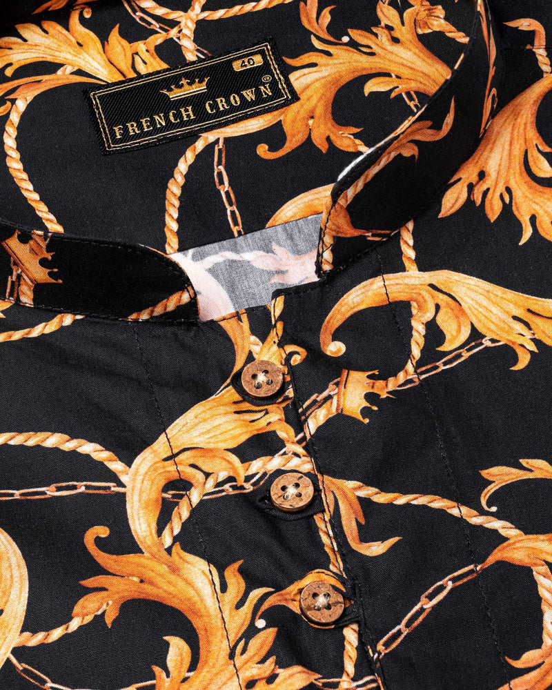 Jade Black Floral and Chain Printed Premium Cotton Kurta Shirt