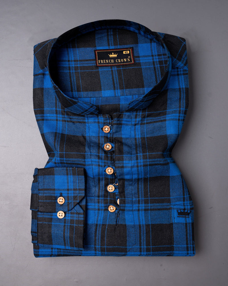 Smalt Blue and Black Plaid Twill Premium Cotton Kurta Shirt