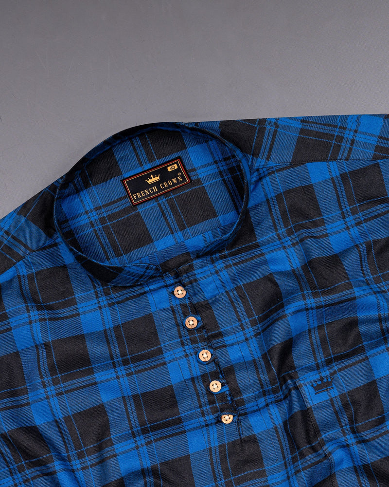 Smalt Blue and Black Plaid Twill Premium Cotton Kurta Shirt