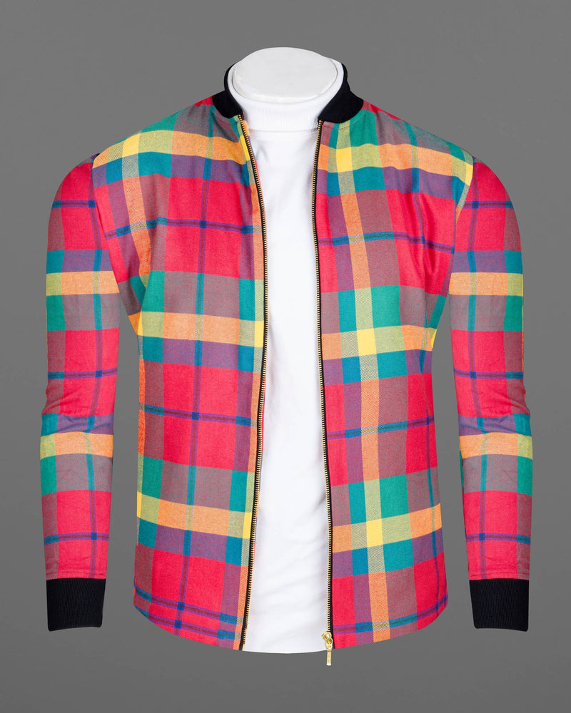 Radical Red Multicolour Plaid Twill Zipper Closure Premium Cotton Bomber Jacket 6894-BJ-38, 6894-BJ-39, 6894-BJ-40, 6894-BJ-42, 6894-BJ-44, 6894-BJ-46