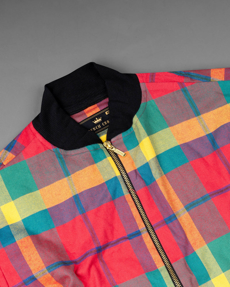 Radical Red Multicolour Plaid Twill Zipper Closure Premium Cotton Bomber Jacket 6894-BJ-38, 6894-BJ-39, 6894-BJ-40, 6894-BJ-42, 6894-BJ-44, 6894-BJ-46