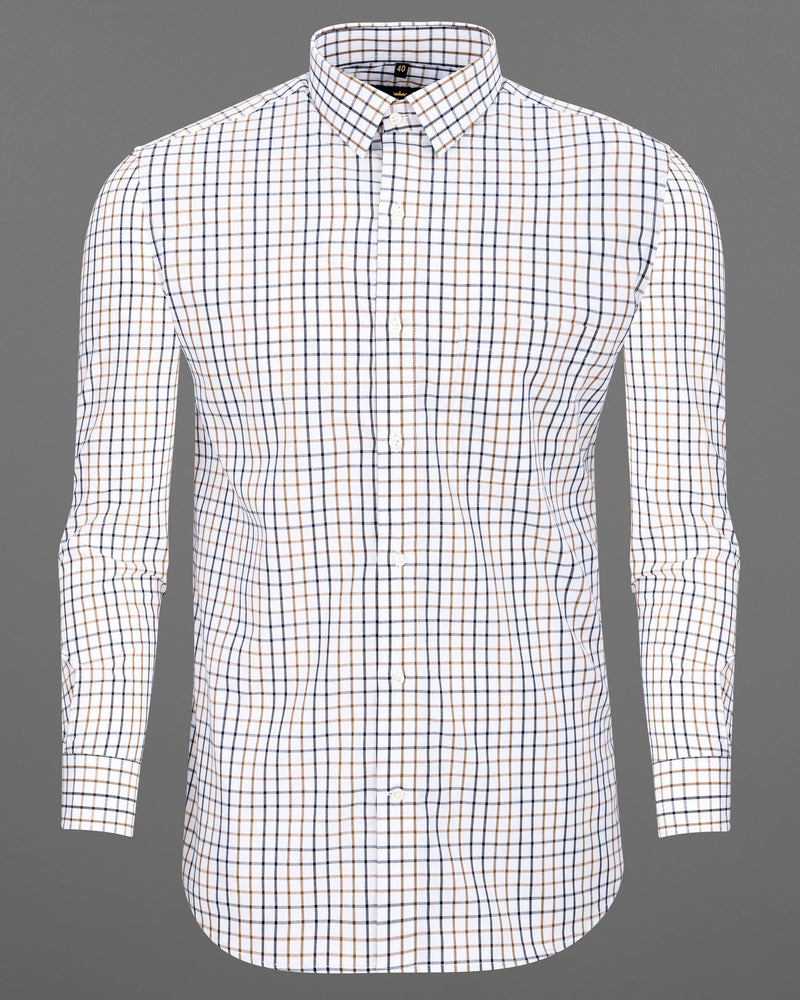 Bright White and Potters Brown Checkered Premium Cotton Shirt