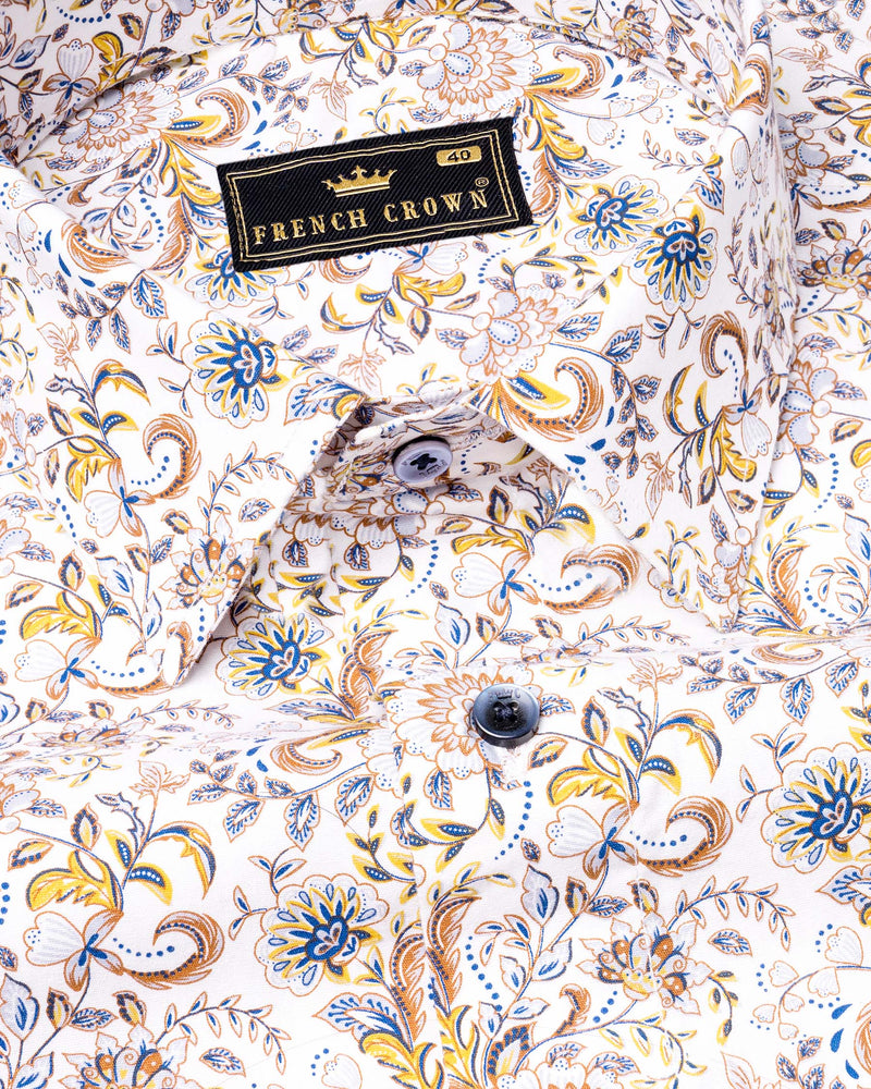 Bright White Floral Printed Twill Premium Cotton Shirt