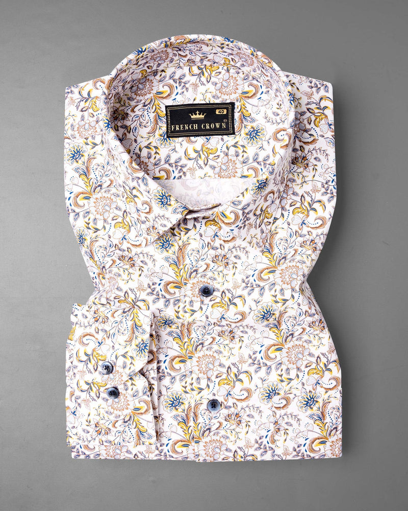 Bright White Floral Printed Twill Premium Cotton Shirt