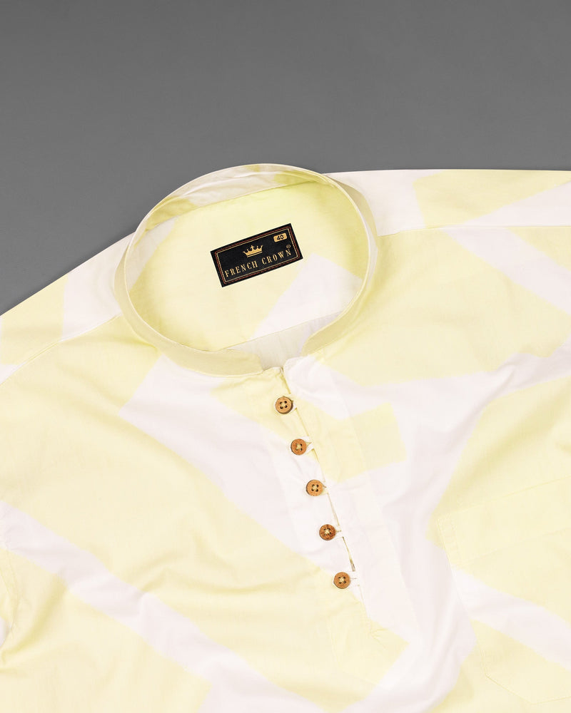 Colonial yellow and White abstract print Twill Premium Cotton Kurta Shirt