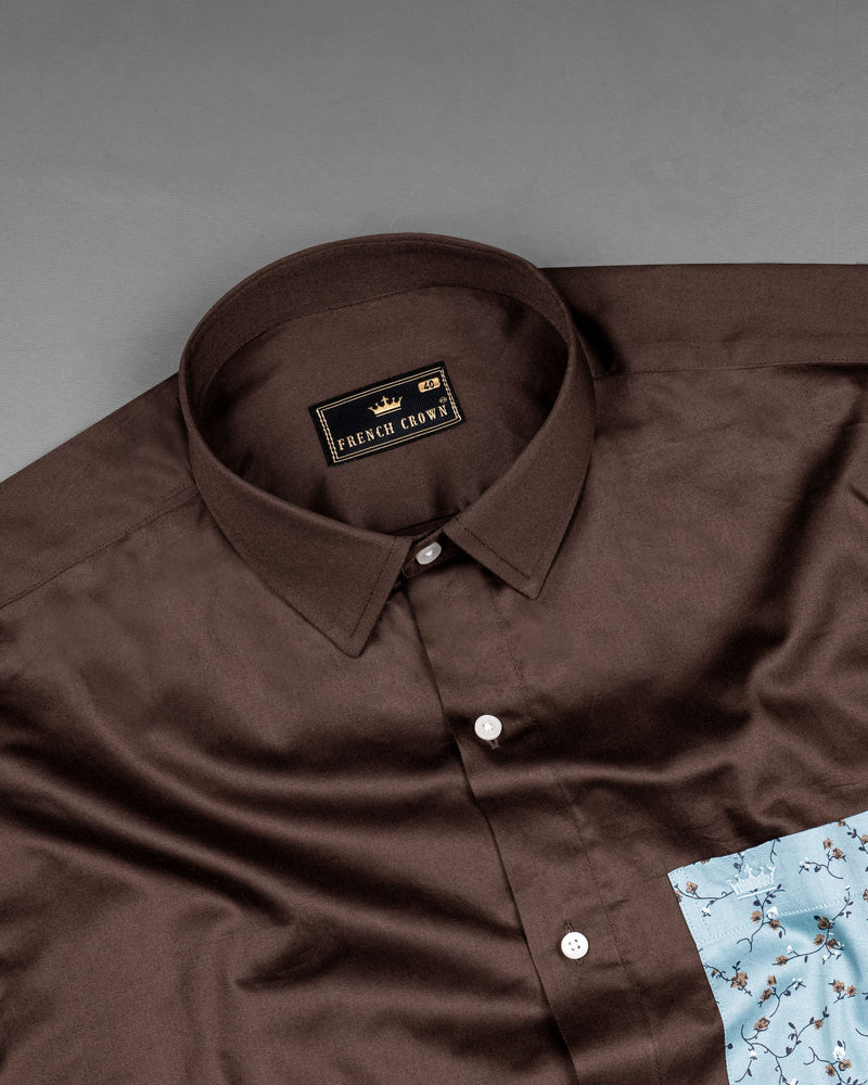 Iroko Brown with Spindle Blue Floral Printed Super Soft Premium Cotton Designer Shirt