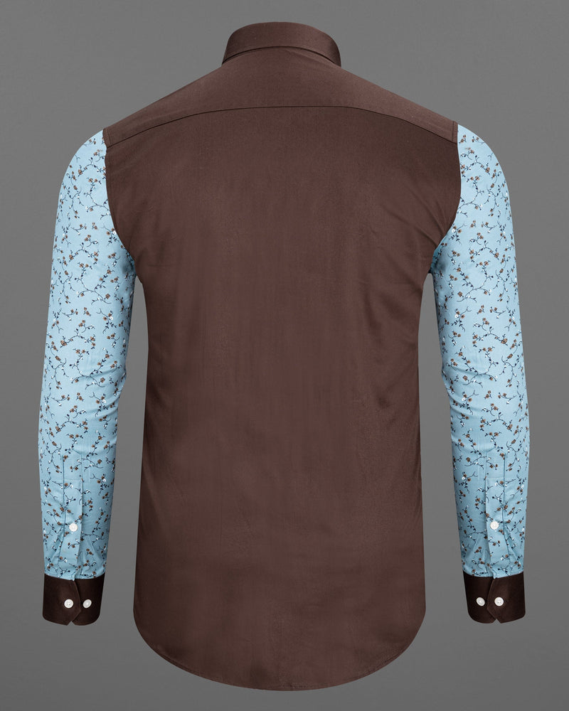 Iroko Brown with Spindle Blue Floral Printed Super Soft Premium Cotton Designer Shirt