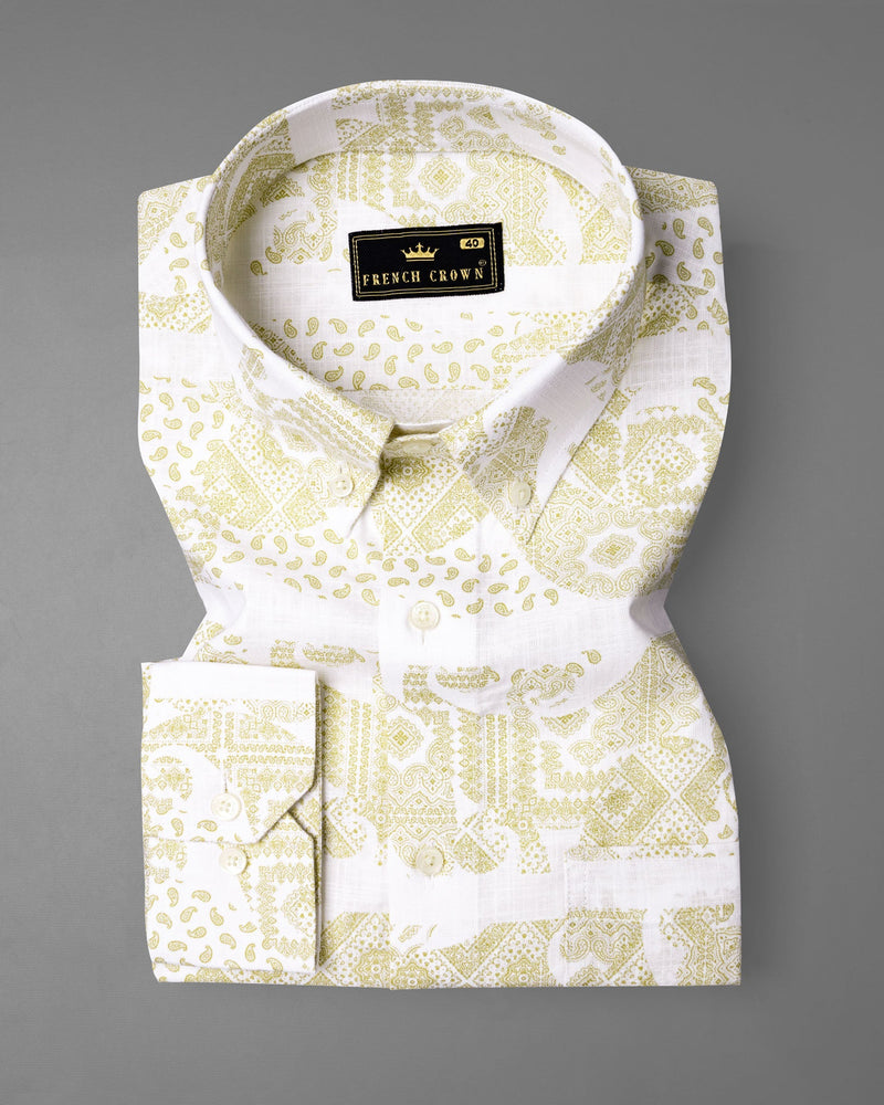 Bright White with Ancient art In spired Print Luxurious Linen Shirt