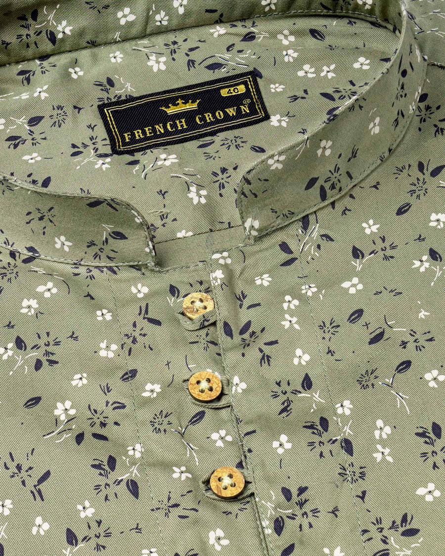 Pale Green Floral Printed Twill Premium Cotton Kurta Shirt