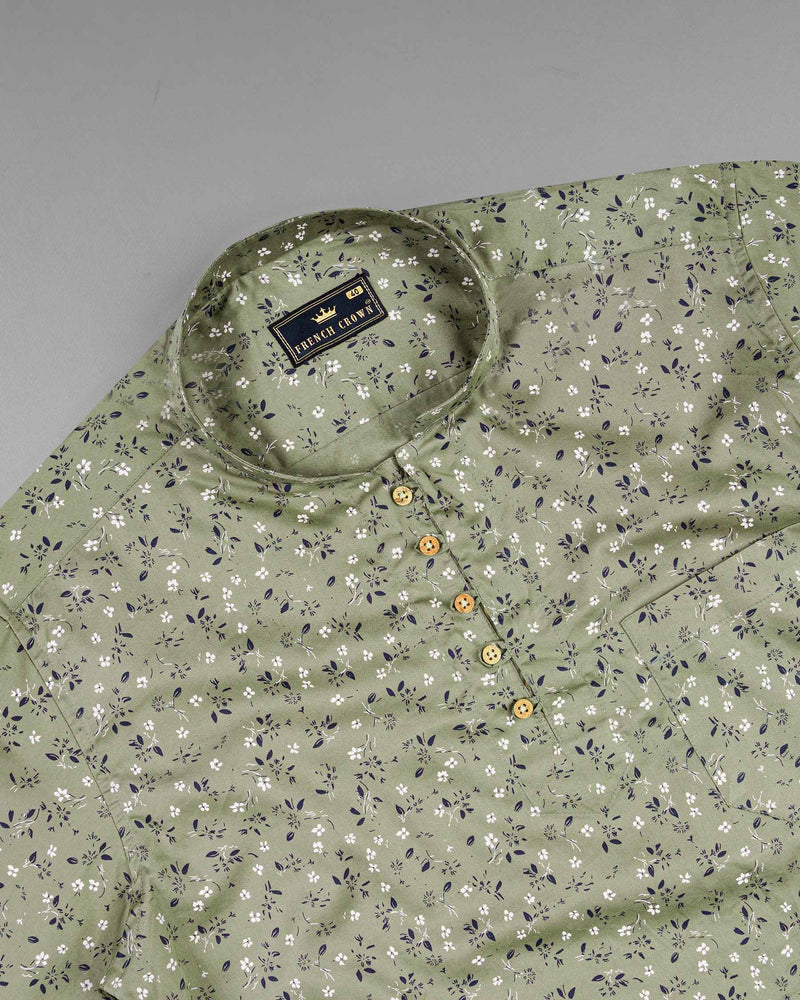 Pale Green Floral Printed Twill Premium Cotton Kurta Shirt