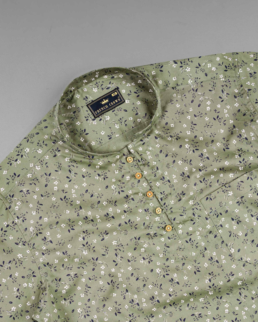 Pale Green Floral Printed Twill Premium Cotton Kurta Shirt