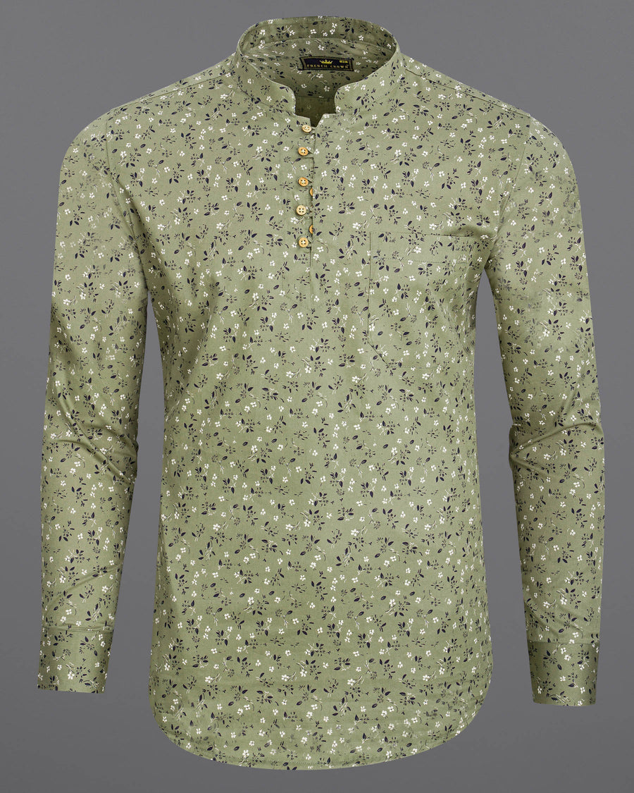 Pale Green Floral Printed Twill Premium Cotton Kurta Shirt