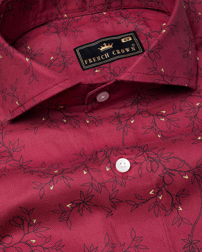 Vivid Carmine Red Floral Printed Dobby Textured Premium Giza Cotton Shirt