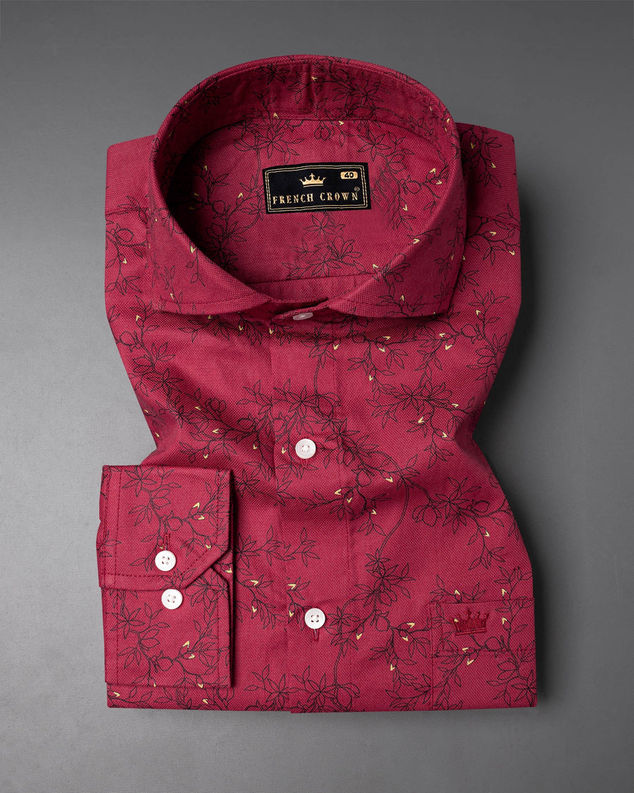 Vivid Carmine Red Floral Printed Dobby Textured Premium Giza Cotton Shirt