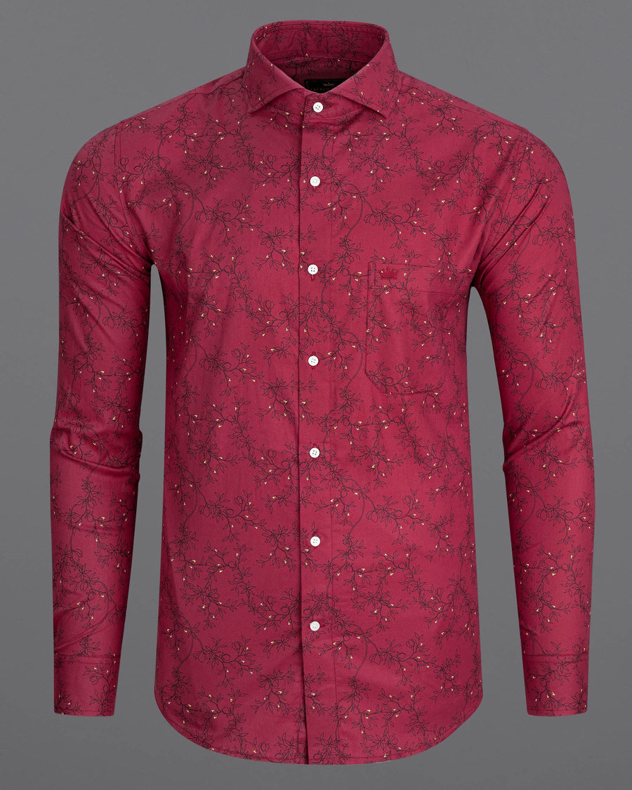 Vivid Carmine Red Floral Printed Dobby Textured Premium Giza Cotton Shirt