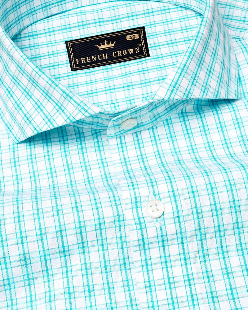 Bright White with Turquoise Plaid Premium Cotton Shirt