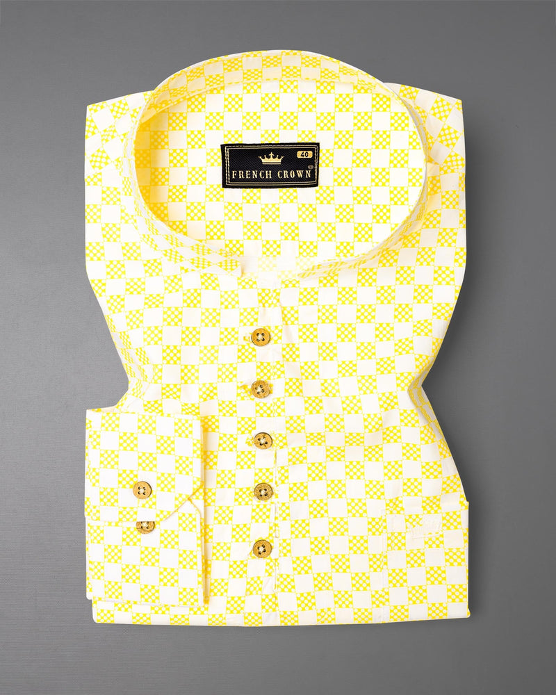 Custard Yellow with Bright White Square Printed Premium Cotton Kurta Shirt