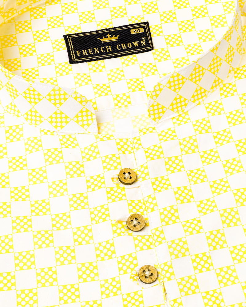 Custard Yellow with Bright White Square Printed Premium Cotton Kurta Shirt