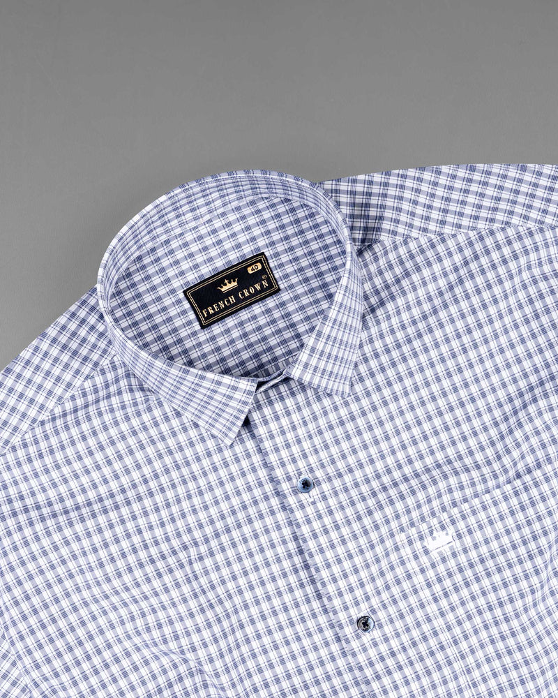 Bright White and Denim Blue Checkered Premium Cotton Shirt